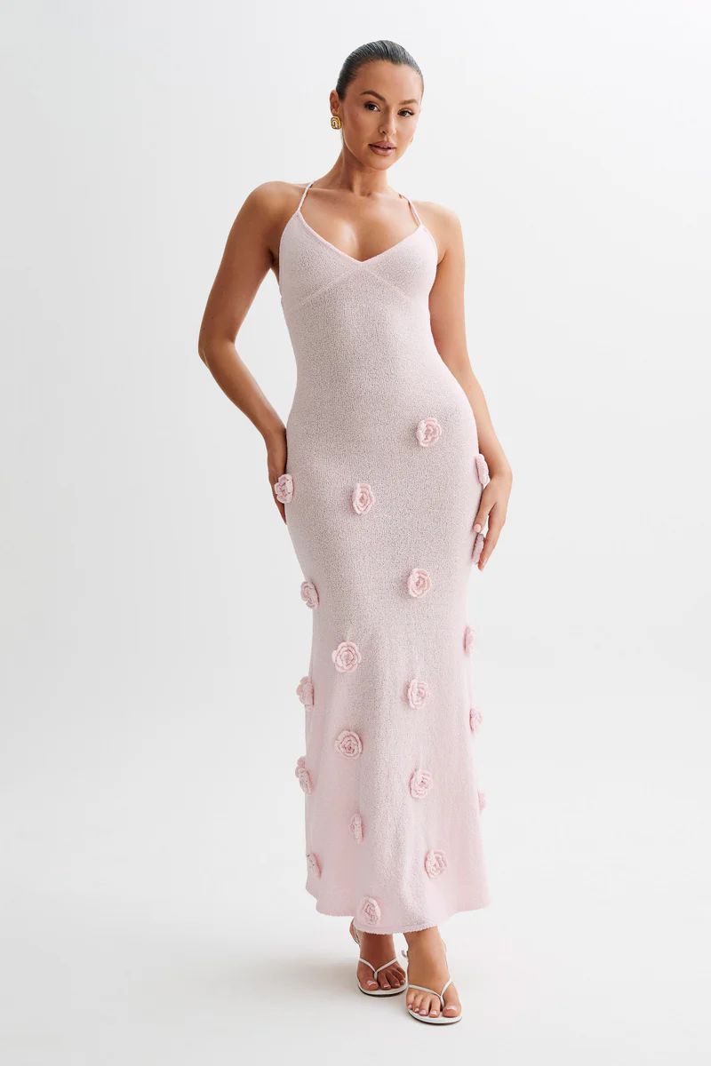 Suki Knit Maxi Dress With Flowers - Baby Pink | MESHKI US