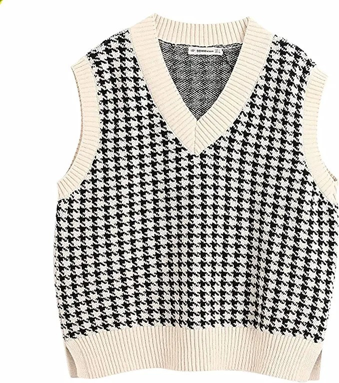 Gulajia Oversized Women Houndstooth Pattern Knit Sweater Vest Sleeveless Loose V-Neck 90s Waistco... | Amazon (US)