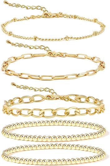 14K Gold Beaded Bracelets for Women,Dainty Gold Plated Chain Link Bracelet Stretchable Adjustable... | Amazon (US)