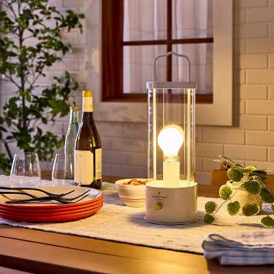 Portable Outdoor Patio LED Tabletop Lantern Cream - Hearth & Hand™ with Magnolia: Rechargeable, Glass Shade | Target