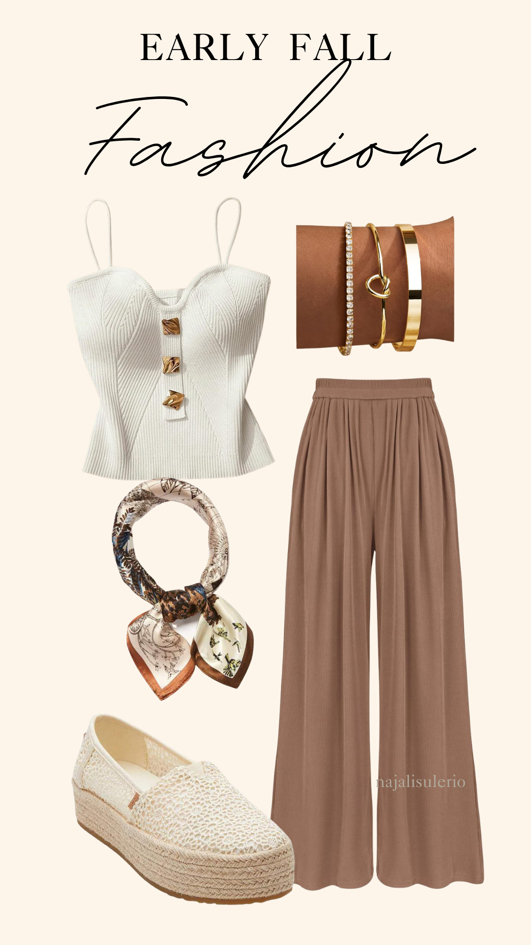 Early Fall Fashion Idea!!

Cream tank with gold button accents and flowy light brown pants, accessorized with gold bangles, a silk scarf and platform flats!

For those warm early-mid September days, this is a cute and elevated outfit to run errands in, meet up with friends, or go on a date!
 

 

#LTKFallSale #LTKSeasonal #LTKStyleTip