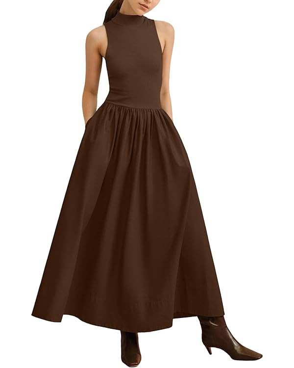 Lauweion Women's Sleeveless Turtleneck Maxi Dress Patchwork Casual Solid Flowy Mock Neck Long Dre... | Amazon (US)