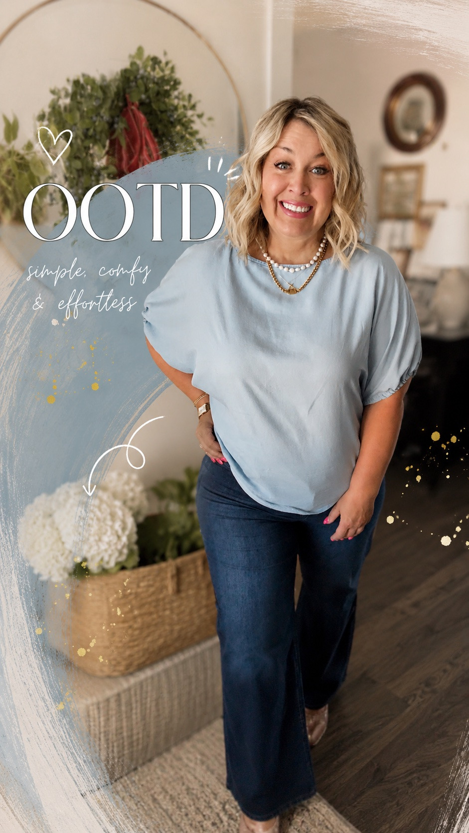 This soft blue top paired with dark denim is one of those easy combinations that works for errands, lunch dates, and everything in between.
-
OOTD, midsize fashion, over 50 style, casual outfit ideas, everyday fashion, blue blouse outfit, dark wash jeans, summer outfit inspiration, effortless style, comfortable fashion, women over 50 fashion, Walmart style, affordable fashion, casual chic outfit, midlife fashion blogger