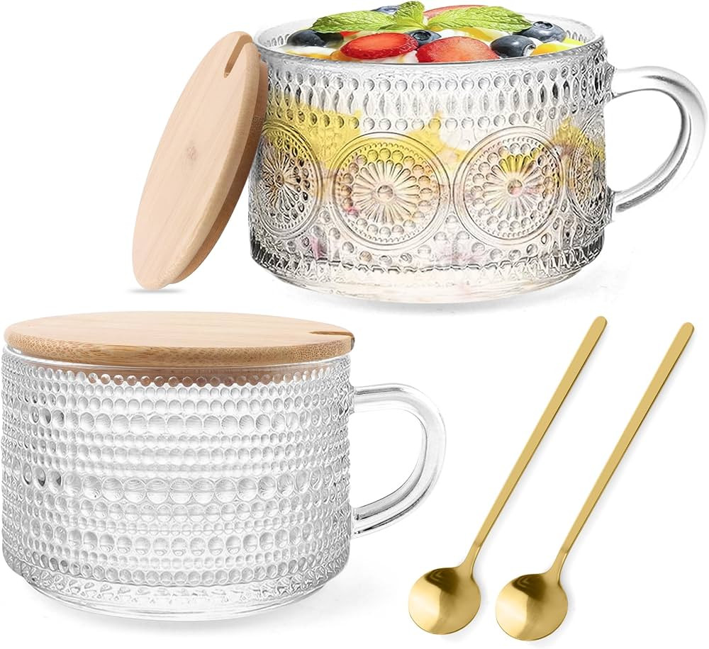 Vintage Glass Coffee Mugs 2 Set, 14oz Overnight Oats Containers with Bamboo Lids and spoon, Glass... | Amazon (US)