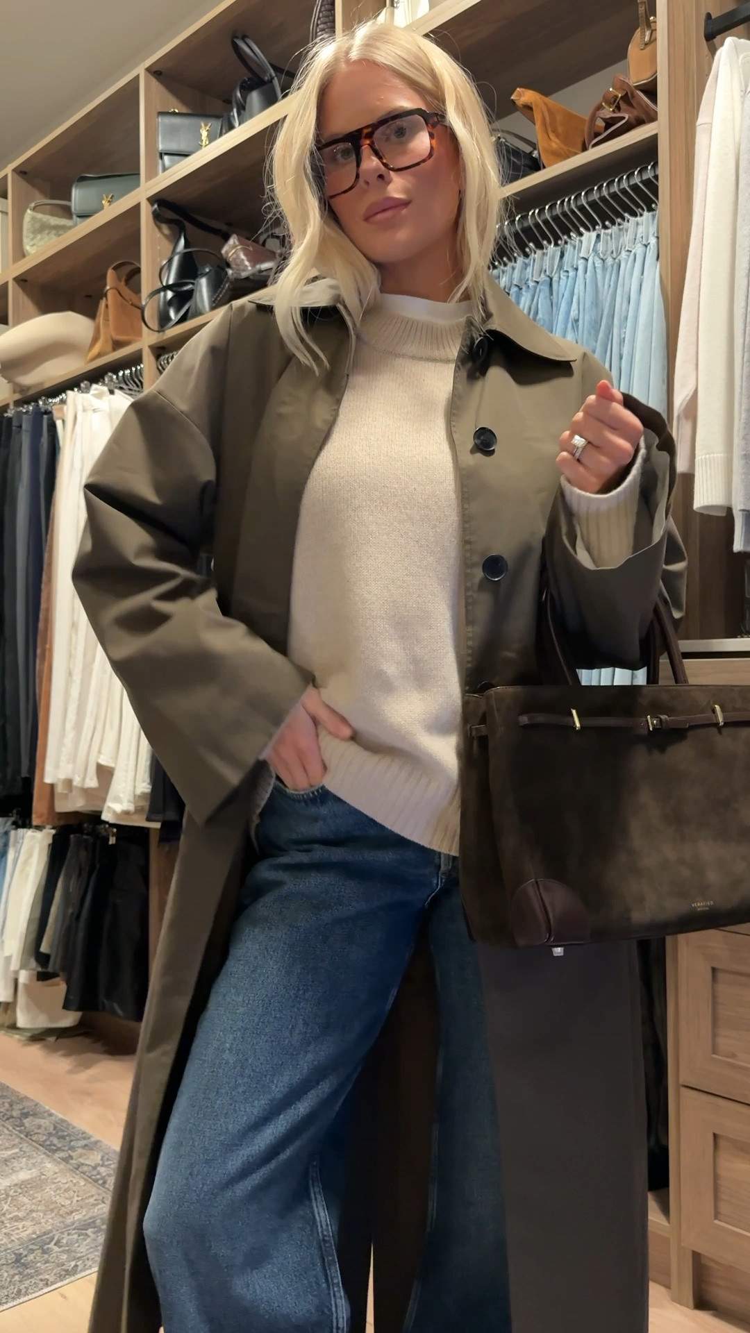 SIZE: small in coat, small in sweater (wheat), medium tee, 27 in jeans, shoes are tts! #kathleenpost Fall outfit, fall jacket, trench coat, fall transition, sweater outfit, suede tote, thanksgiving outfit #LTKStyleTip #LTKootd