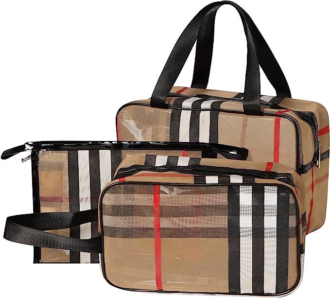 3pcs Pvc Stripe Makeup Bag For Women,Transparent Waterproof Cosmetic Bag For Travel,Portable Clea... | Amazon (US)