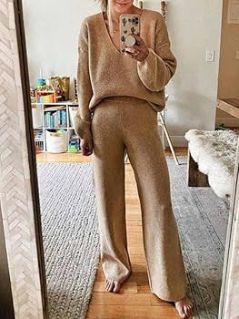 Linsery Women 2 Piece Outfits V Neck Sweater Wide Leg Sweatsuit Rib Knit Lounge Sets Leisure Wear | Amazon (US)