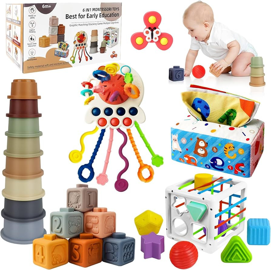 6 in 1 Montessori Toys for Babies 6-12 Months Up - Incl Pull String Toy, Stacking Cups, Tissue Bo... | Amazon (US)