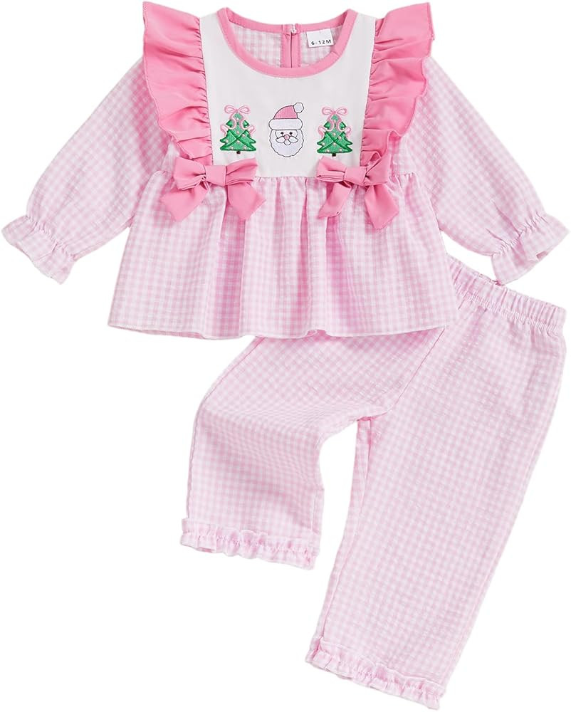 Toddler Girl Christmas Outfit Embroidery Ruffle Long Sleeve Tunic Dress Top Plaid Wide Leg Pants ... | Amazon (US)