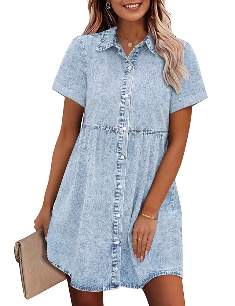GRAPENT Denim Dress for Women Babydoll Tiered Short Sleeve Button Down Jean Shirt Dresses | Amazon (US)