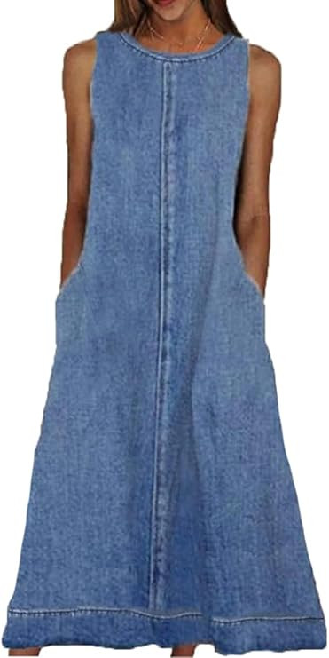 Womens Casual Sleeveless Maxi Denim Dress Crewneck Vintage Loose Long Tank Jean Dress with Pocket... | Amazon (US)