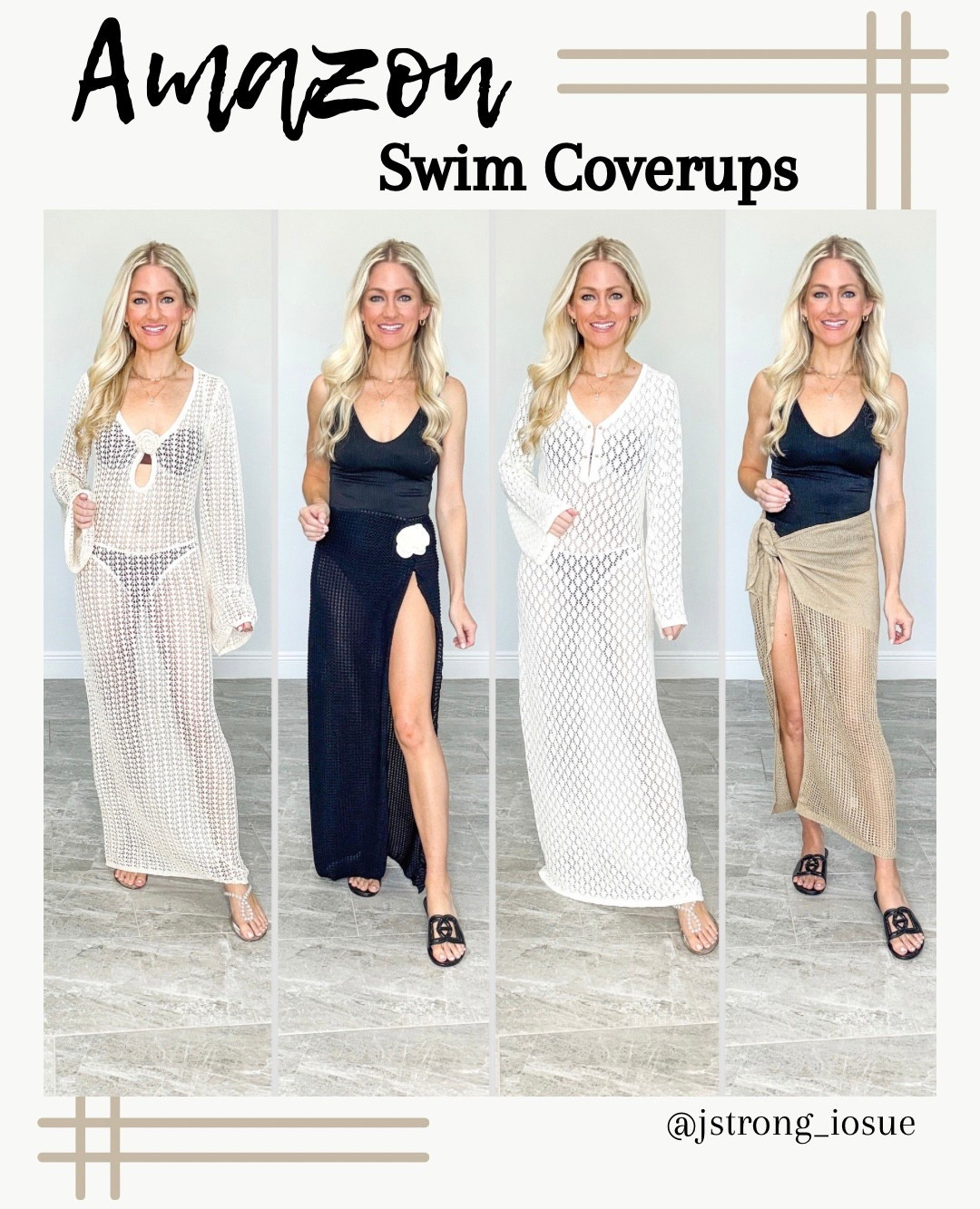 Swim coverups from Amazon! Rosette dress has bell sleeves with a tie in the back and a cut out detail. Black skirt is stretchy and is a pull on style with  an elastic waist. White rosette detail at the waist. 2nd dress option has bell sleeves, a V back and gold post detail in the front. Tan wrap skirt ties at the waist. More colors available in all styles!

#LTKFindsUnder50 #LTKStyleTip #LTKSwim