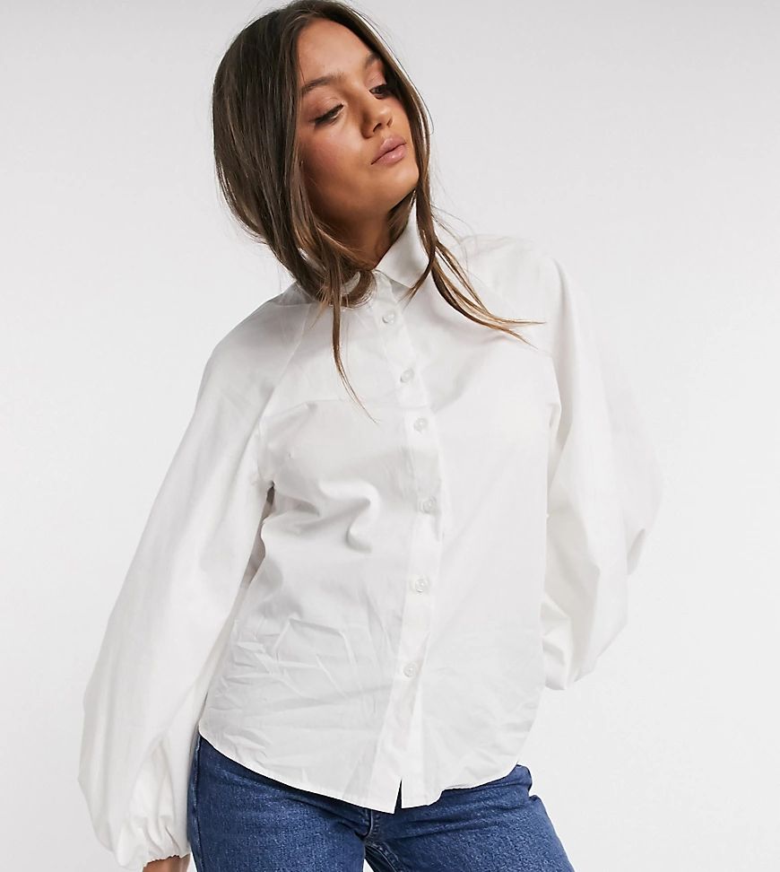 ASOS DESIGN Petite long volume sleeve shirt in cotton in white | ASOS (Global)