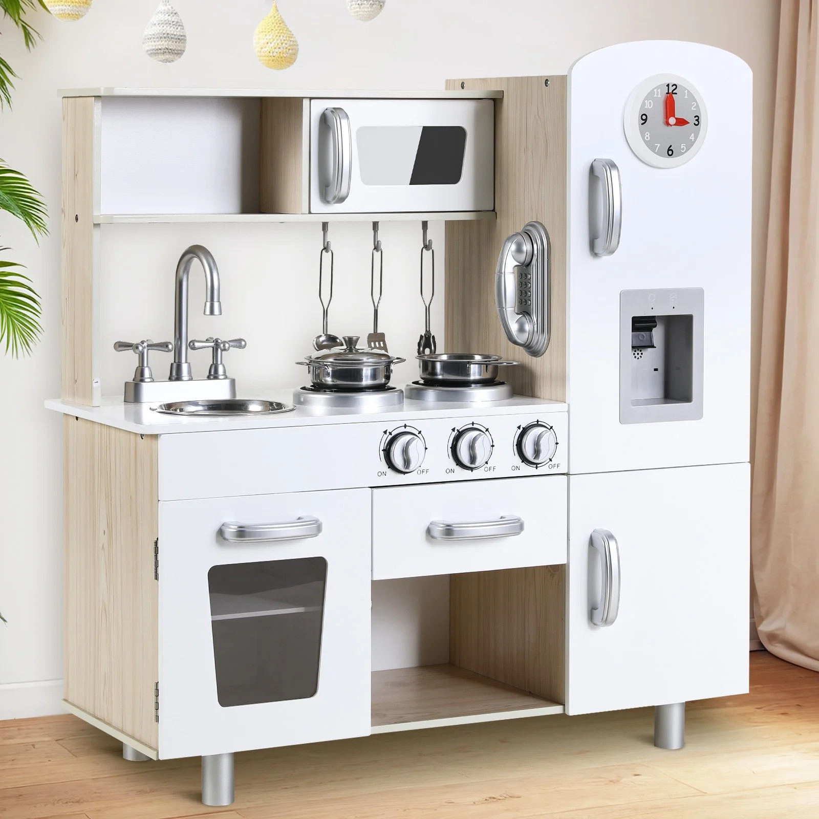 Arlopu Kids Pretend Play Kitchen Set w/ Realistic Light & Sound, Wooden Kitchen Playset Interacti... | Walmart (US)