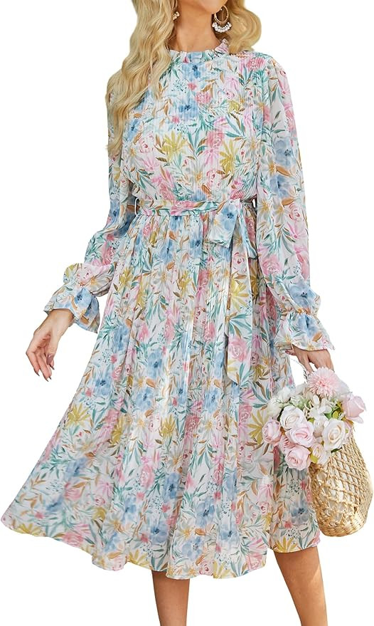 ANRABESS Women's Floral Midi Dress Puff Long Sleeve Casual Ruffle Chiffon A-Line Swing Pleated Be... | Amazon (US)