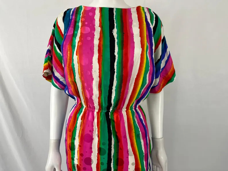 Vintage 80s 100% Silk Colorful Striped And Polka Dot Dress By Anne Crimmins \ Size 6 \ PLEASE See... | Etsy (Global)