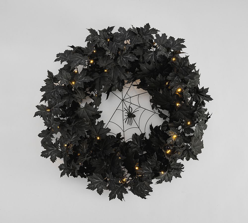 Lit Halloween Maple Leaf With Spider Web Wreath | Pottery Barn (US)