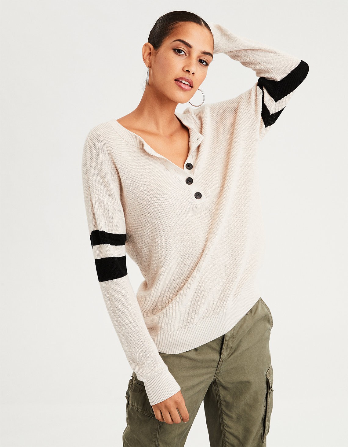 AE Varsity Stripe Henley Pullover Sweater | American Eagle Outfitters (US & CA)
