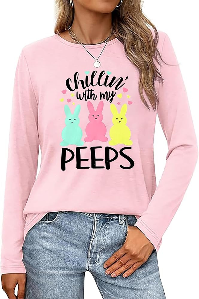 Easter Shirt Women Chillin with My Peeps Tshirt Bunny Grahpic Tee Happy Easter Novelty Top | Amazon (US)