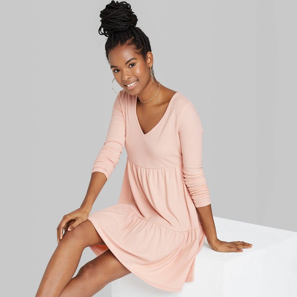 Women's Long Sleeve Brushed Rib-Knit Tiered Dress - Wild Fable Blush Pink XXL | Target