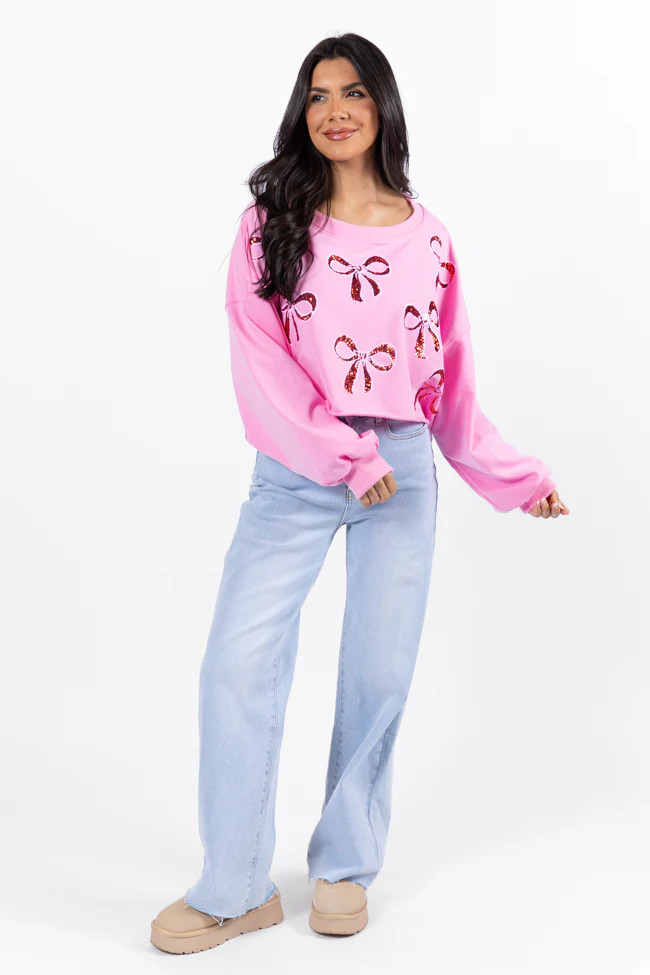 Wrapped Around My Finger Bow Sequin Patch Pink Cropped Sweatshirt | Pink Lily