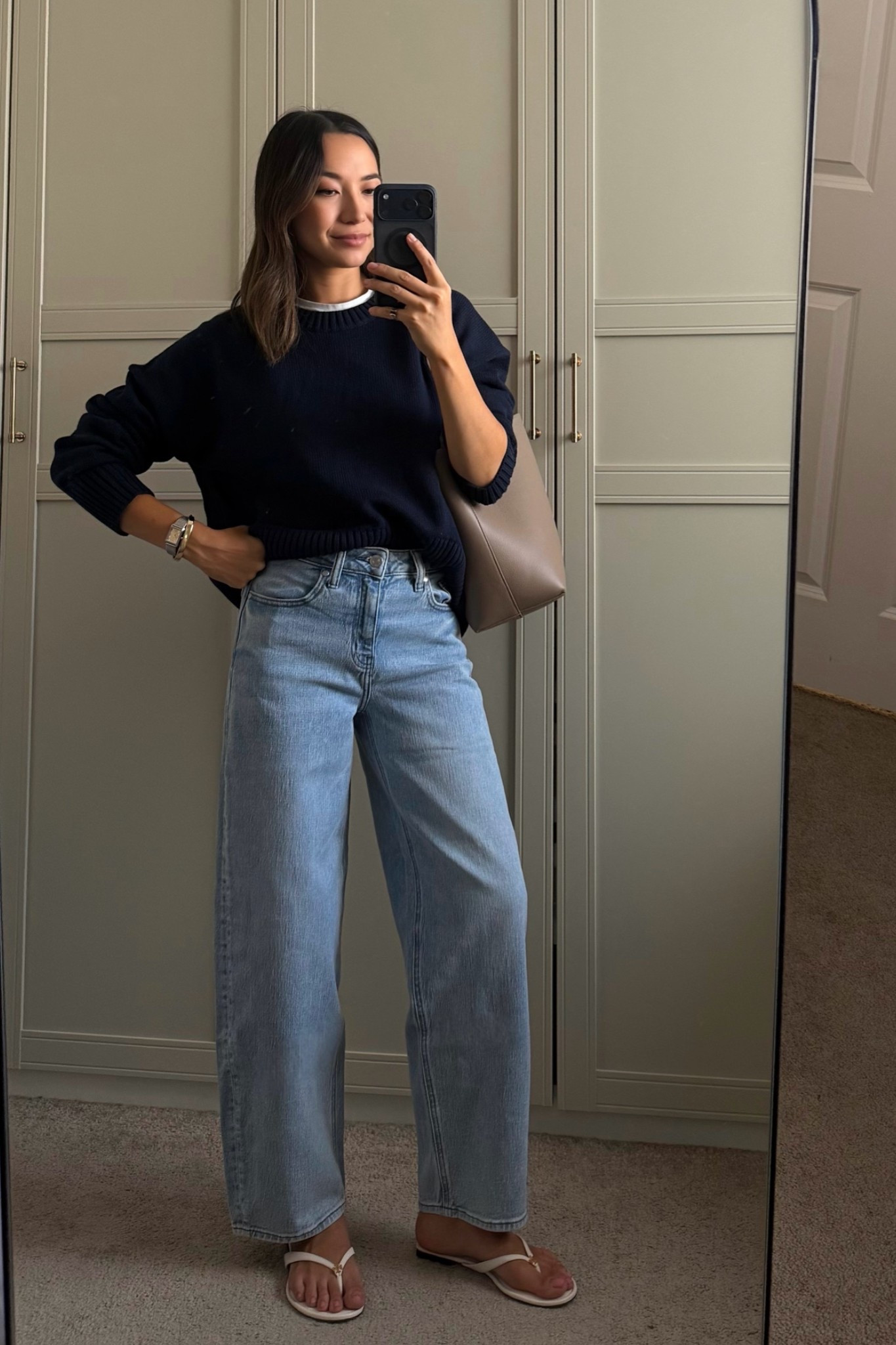 Comfy polished $50 & under (!) finds - love love these staples. Mom-approved for all day wear 

Quince cotton sweater xs 
Quince barrel jeans 25
Tory Burch sandals - more of a dressy flip flop not the comfiest fyi linked another option