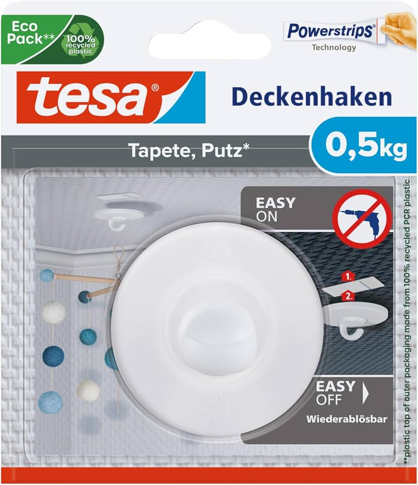 tesa Deckenhaken Tapeten und Putz - Selbstklebender Haken - Ideal Zur Befestigung Von Deko-Objekt... | Amazon (DE)