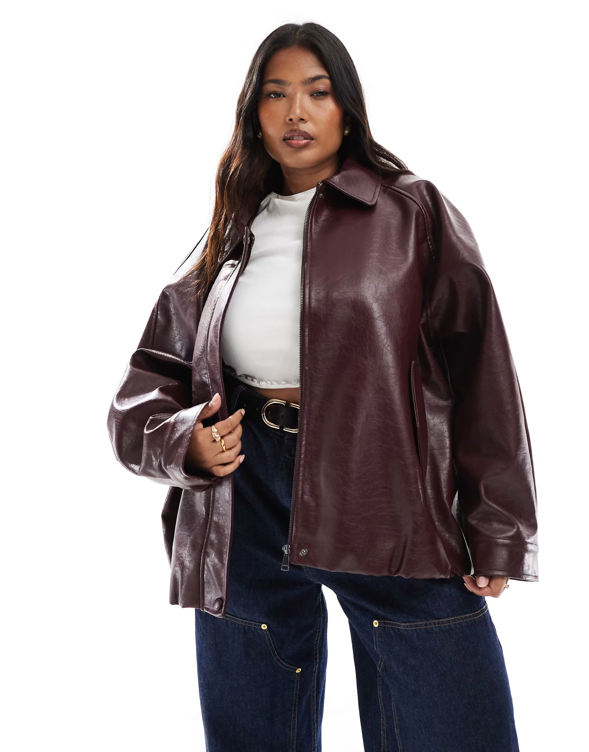 ASOS DESIGN Curve leather look oversized bomber jacket in burgundy | ASOS (Global)