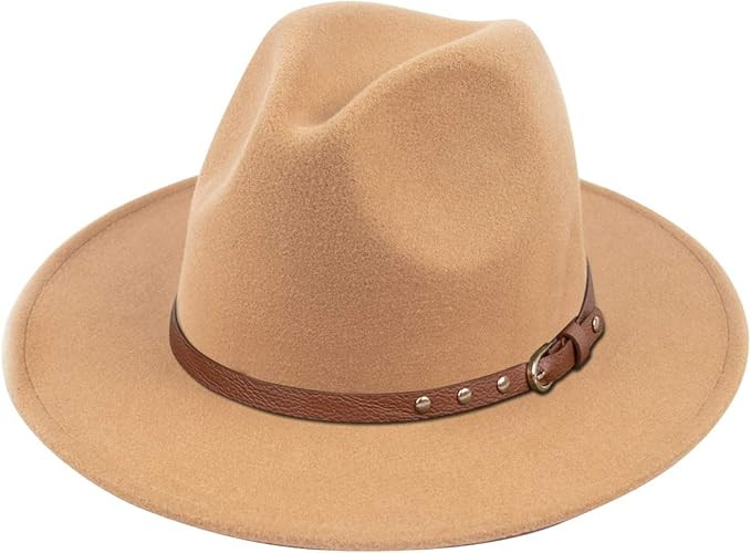 Lanzom Womens Classic Wide Brim Floppy Panama Hat Belt Buckle Wool Fedora Hat | Amazon (US)