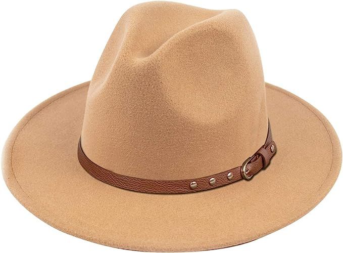 Lanzom Womens Classic Wide Brim Floppy Panama Hat Belt Buckle Wool Fedora Hat | Amazon (US)