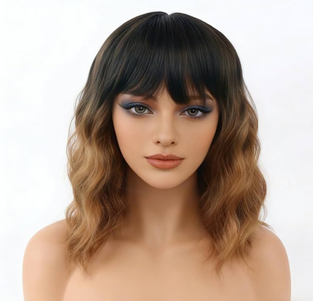 Wavy Bob Wigs with Bangs for Women Black to Brown Color Short Wavy Bob Curly Wig Synthetic Natura... | Amazon (US)