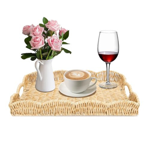 Rectangle Wicker Scalloped Tray, Hand Woven Synthetic Rattan Serving Tray with Handles, Coffee Table Decorative Tray Basket for Modern Boho Rustic Home Ornament or Organizing (Beige) | Amazon (US)