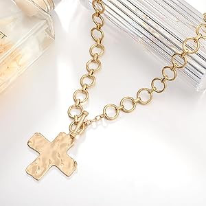 MQV Chunky Statement Gold Hammered Bold Cross Necklace Thick Chain Vintage Chain Pendant Jewelry | Amazon (US)