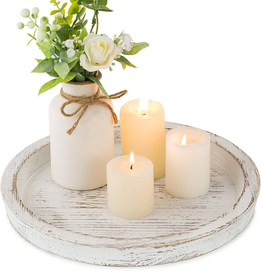 Hanobe Candle Plate Holder Tray: Round White Wood Decorative Tray Decor - Rustic Farmhouse Coffee... | Amazon (US)