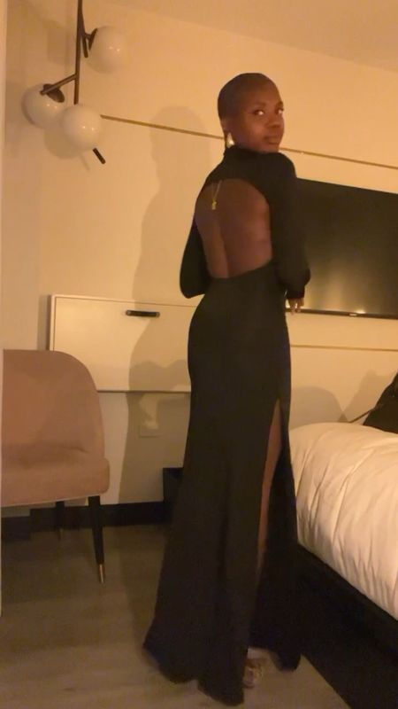 Date night dress under $100! Great holiday party dress too  Long sleeve black dress with cut out back and size slit. Gucci along back heels and gold initial necklace. 

#LTKfindsunder100 #LTKVideo #LTKHoliday