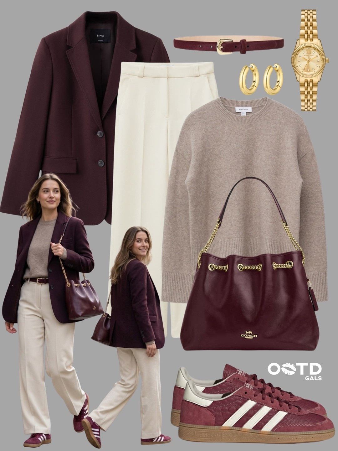 Rich Neutrals, Elevated 🍷✨

A perfect blend of deep tones and soft neutrals that feels timeless, polished, and effortlessly put together.

Classic with a modern edge.

✨ Style Details:
• Burgundy blazer for a bold, refined layer  
• Cream tailored trousers for a clean, elevated base  
• Soft beige knit for cozy balance  
• Burgundy sneakers to keep it relaxed yet cohesive  
• Matching burgundy bag with gold hardware for a luxe touch  
• Gold accessories to tie everything together  

Understated, but never boring 🤍

#LTKStyle #LTKWorkwear #LTKCasual

#LTKdayinmylife #LTKgrwm #LTKootd