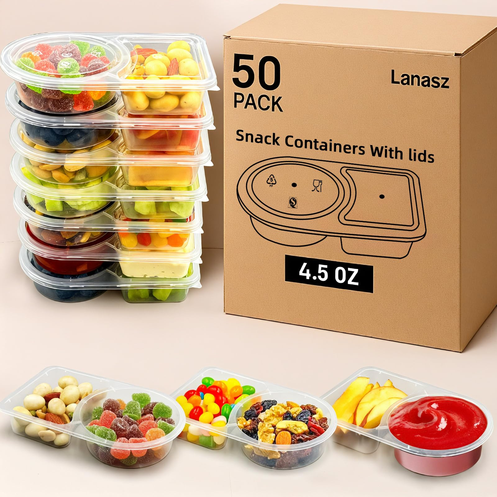 50 Sets Reusable snack containers with lids, Disposable Double Compartment Plastic Container for ... | Amazon (US)