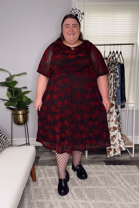 Day 4/5 of Plus Size Halloween Looks! Fishnet Tights from Torrid in a size 5/6, Halloween Spider Web Pattern Keyhole Dress in a size 28/5X from Bloomchic, Halloween Spider Web Headband from Bloomchic, Wide Width Chunky Loafers from Torrid

#LTKSeasonal #LTKHalloween #LTKplussize