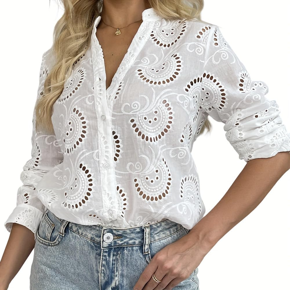 Embroidered Eyelet Long Sleeve Button Down Shirt Business Casual Tops Western Cowgirl Outfits For... | Amazon (US)