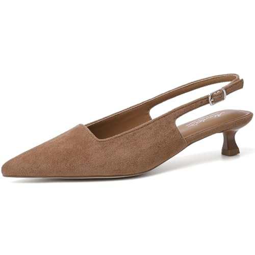 Mostrin Brown Slingback Kitten Heels for Women Suede Pointed Closed Toe Heels Low Pumps Shoes for Party Work Office Size 7.5 | Amazon (US)