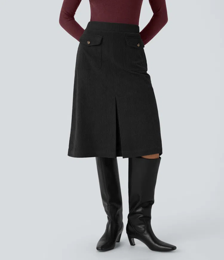 Mid Rise Front Side Flap Pocket Midi Corduroy Casual Skirt | HALARA