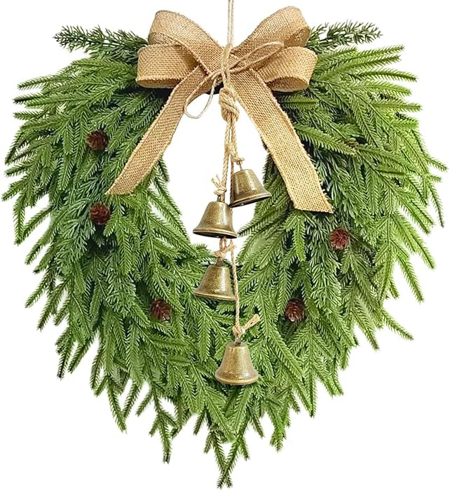 Faux Christmas Norfolk Pine Wreath with 4 Pcs Rustic Vintage Iron Bells,20 Inch Artificial Green ... | Amazon (US)