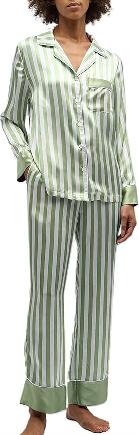 Thopavenoir Women 2 Piece Silk Satin Pajama Outfits Striped Lounge Sets Long Sleeve Button Down S... | Amazon (US)