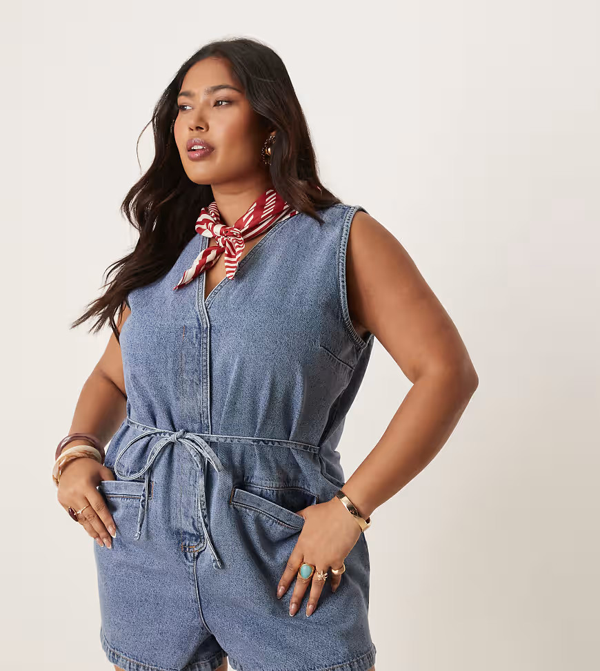 ASOS DESIGN Curve denim playsuit with tie back in midwash blue | ASOS (Global)