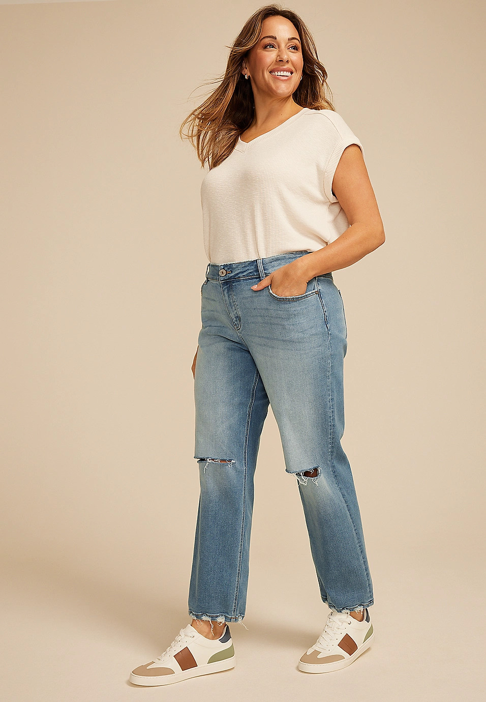 Plus Size KanCan™ High Rise Open Ripped Straight Jean | Maurices