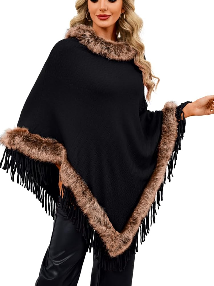 Women's Fur Trim Long Poncho Sweater Elegant Draped Shawl Wraps with Warm-Collar Fits 0-16 | Amazon (US)