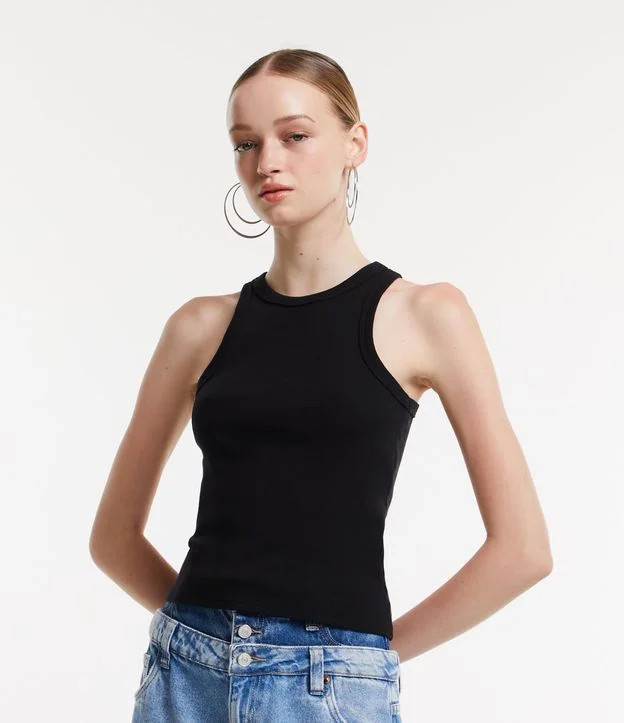 Blusa Regata Básica em Ribana com Leve Textura Preto | Renner (BR)