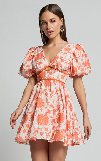 Natalia Mini Dress - Puff Sleeve Cut Out Dress in Orange Floral | Showpo (US, UK & Europe)