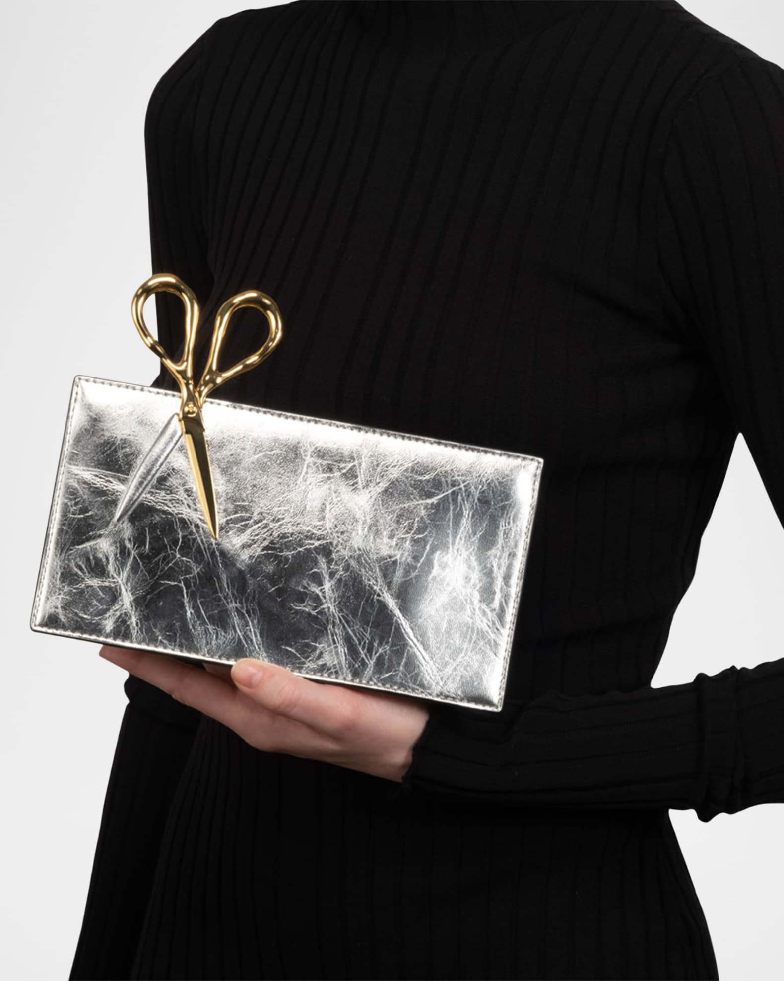 The Petit Scissor Metallic Leather Clutch Bag | Neiman Marcus
