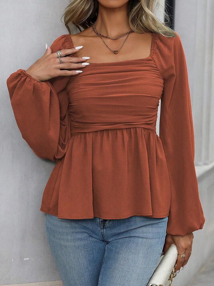 SHEIN Clasi Women's Spring/Autumn Casual Solid Color Lantern Sleeve Ruched Blouse Peplum Top Fall Cloth For Women | SHEIN